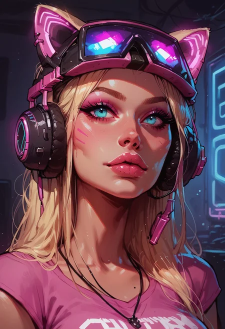 score_9, score_8_up, score_8_up, 1girl, gamer girl, pink T-shirt, blonde hair, (headphones with cat ears), virtual reality helmet,(oculus rift), sexy, nsfw, neon lights, g0thicPXL, close-up Portrait