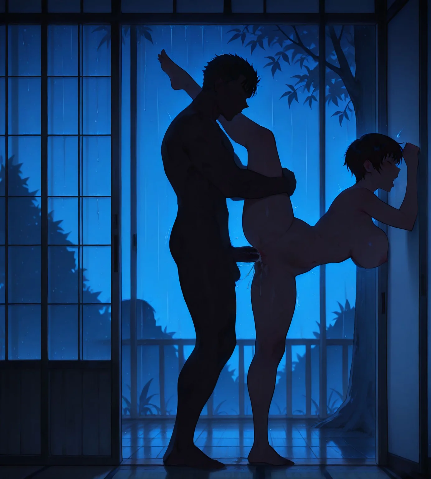 <lora:add-detail-xl:0.5>,masterpiecebest quality,anime coloring,anime screenshot,
<lora:silhouette_sex:0.9>silhouette_sexV1,
silhouette, 1girl, 1boy, standing split sex, against wall, standing, full body, 
indoors, moaning, dark,blue theme,holding own leg, night,
penis, pussy juice, cum in pussy, completely nude, 
sliding doors,rain, tree, 
medieval century inn,
casca \(berserk\), short hair, 
guts \(berserk\),  
20YO,milf, adult male,