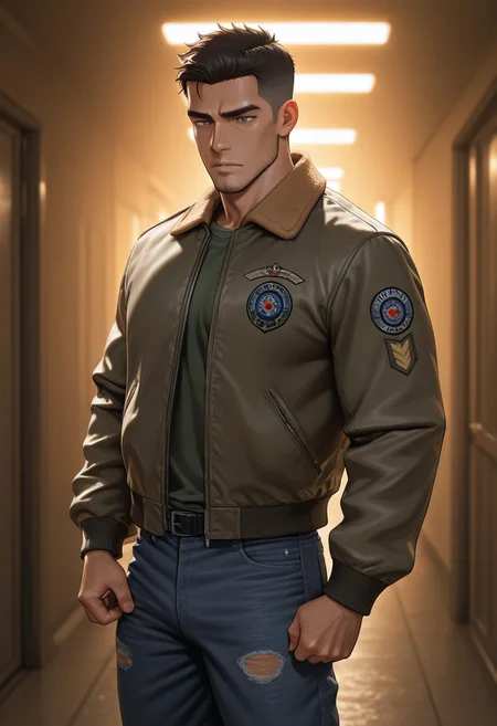 [正面+キャラ名:99],
1boy,solo,
[品質タグ:99],
masterpiece,perfect quality,best quality,amazing quality,absolutely eye-catching,
[身体特徴:99],
muscle,
[服装:99],
l30mber j4cket,
Bomber Jacket,
jacket, pants, denim, 
[﷿ーズと解剖学的詳細:99],
[環境・背景:99],
dynamic lighting,cinematic lighting, professional lighting, 
[追加の品質/スタイルタグ:99],