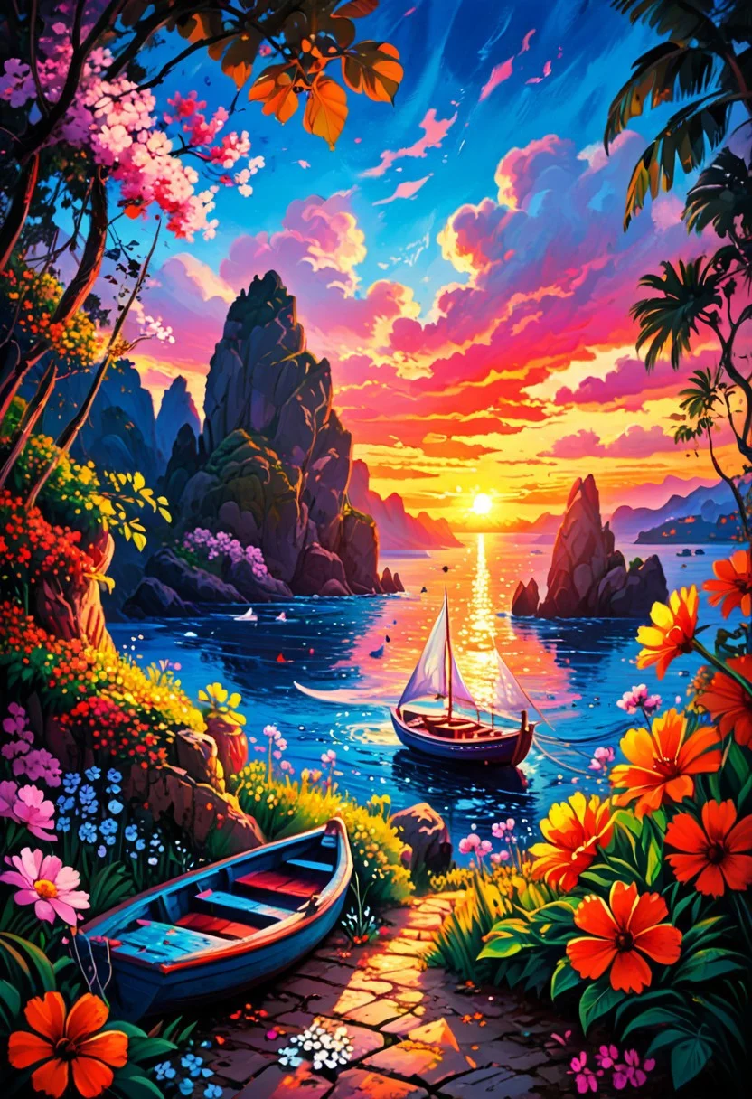 Photo, realistic, 4k, film grain, expressive concept art, carving, Oil painting, an inhabited small coast in spring, colorful, sunset, exotic flowers, boat, 
best quality, ultra-detailed, very aesthetic, illustration, perfect composition, intricate details, absurd, atmospheric lighting, streaks of light
Masterpiece, vibrant colors, very detailed, midjourneyv6.1, detail background, Shine colorful, perfect, perfection, perfection style, colorful splashes, painted world