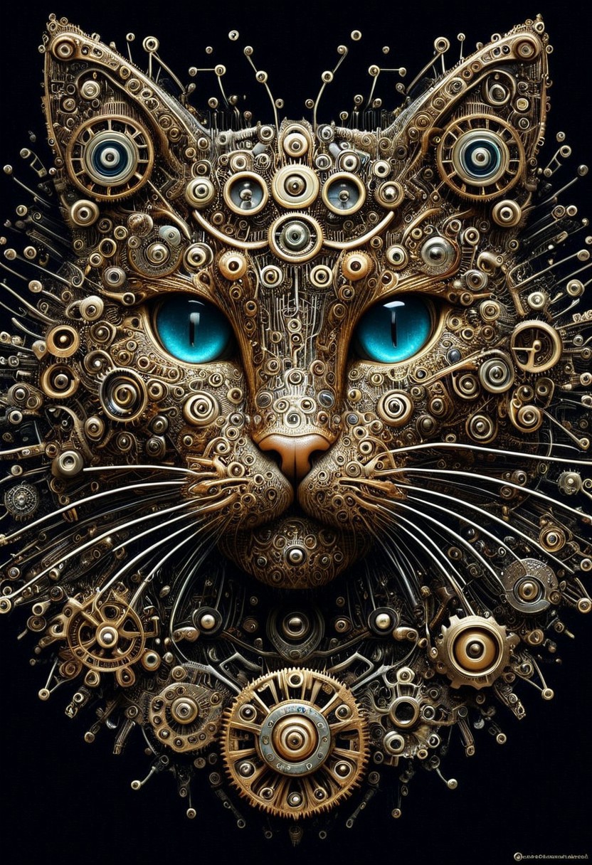 Cybernetic Wonderland made out of gears, wm_cyber, gearstyle, ((cute cat face))
