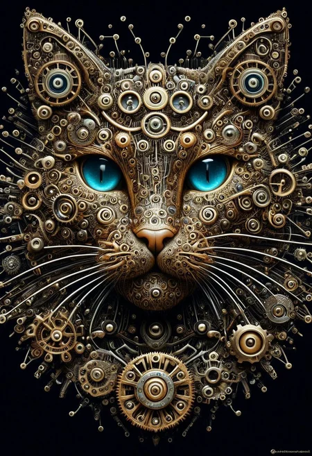 Cybernetic Wonderland made out of gears, wm_cyber, gearstyle, ((cute cat face))