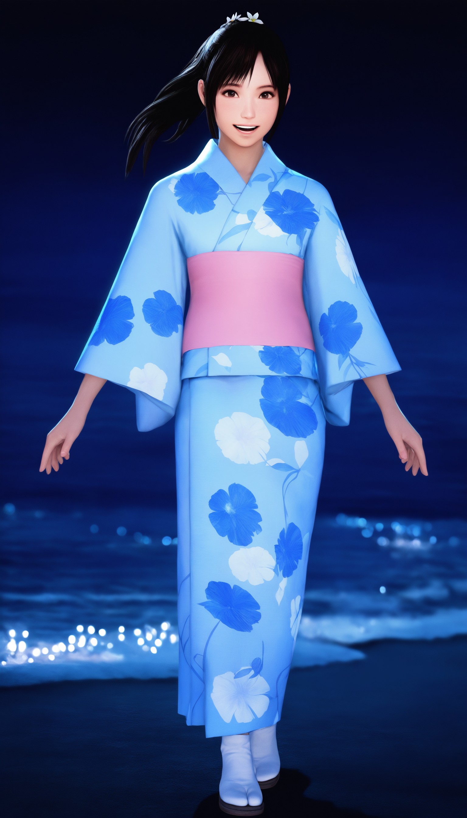 masterpiece,best quality,amazing quality,
<lora:miiyamotohikariNAI:1>,miiyamotohikari,realistic,
1girl,solo,black hair,ponytail,bangs,hair flower,
brown eyes,blue yukata,pink sash,white tabi,
standing,full body,parted lips,flowing hair,smile,looking at viewer,
night,sea,
soft lighting,bloom,light particles,