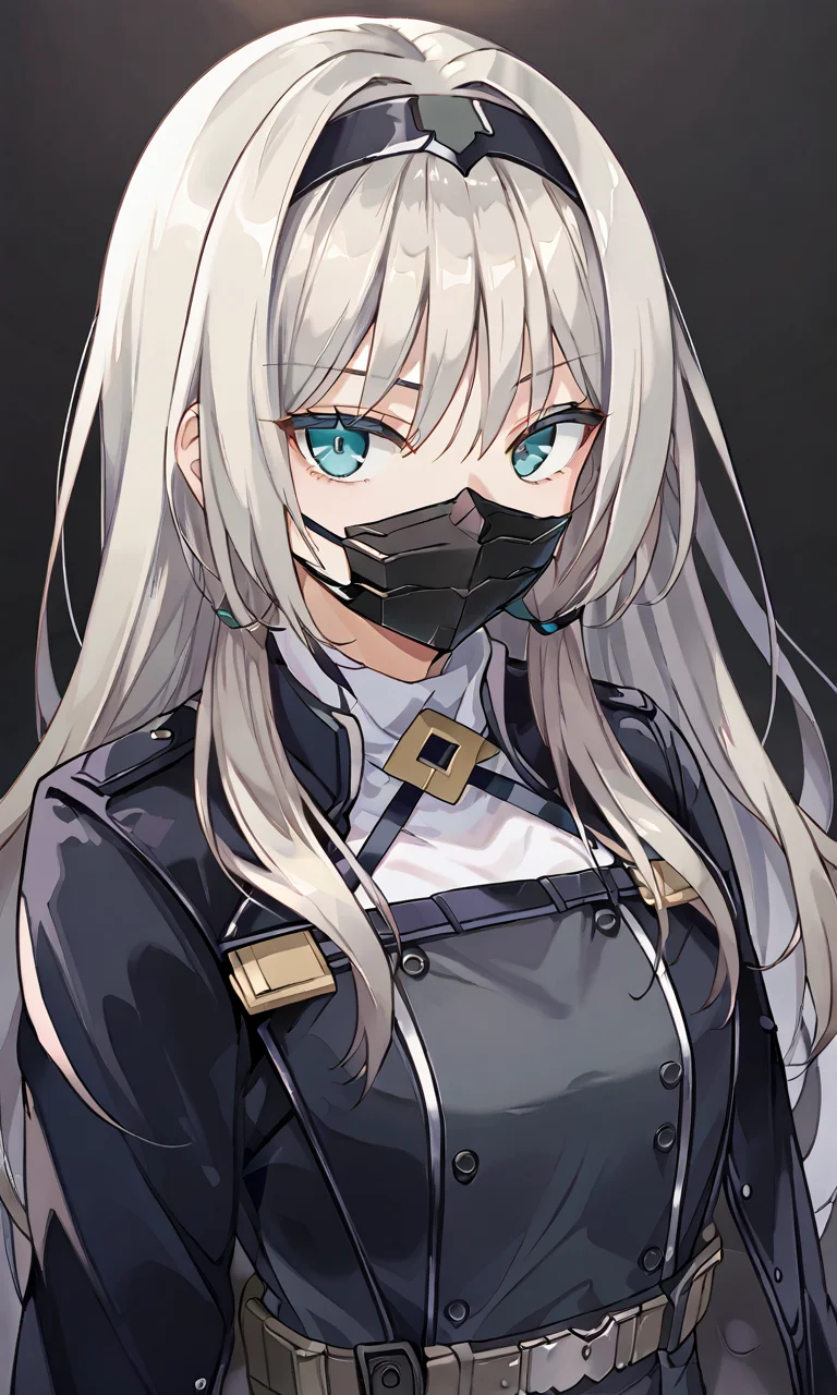 Volumetric Lighting, 1girl, long hair, silver blonde hair, aqua eyes BREAK, light depth, dramatic atmospheric lighting, Volumetric Lighting, Dark Moody Atmosphere, 1girl, long hair, silver blonde hair, aqua eyes BREAK, dramatic, mysterious, dark moody atmosphere, An-94_combat, hairband, combat_jacket, combat_mask,mask on , mouth mask BREAK, looking at viewer, indoor, upper body,very detailed eyes,fierce eyes, dark background, simple background