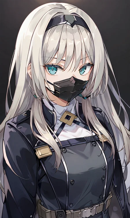 Volumetric Lighting, 1girl, long hair, silver blonde hair, aqua eyes BREAK, light depth, dramatic atmospheric lighting, Volumetric Lighting, Dark Moody Atmosphere, 1girl, long hair, silver blonde hair, aqua eyes BREAK, dramatic, mysterious, dark moody atmosphere, An-94_combat, hairband, combat_jacket, combat_mask,mask on , mouth mask BREAK, looking at viewer, indoor, upper body,very detailed eyes,fierce eyes, dark background, simple background