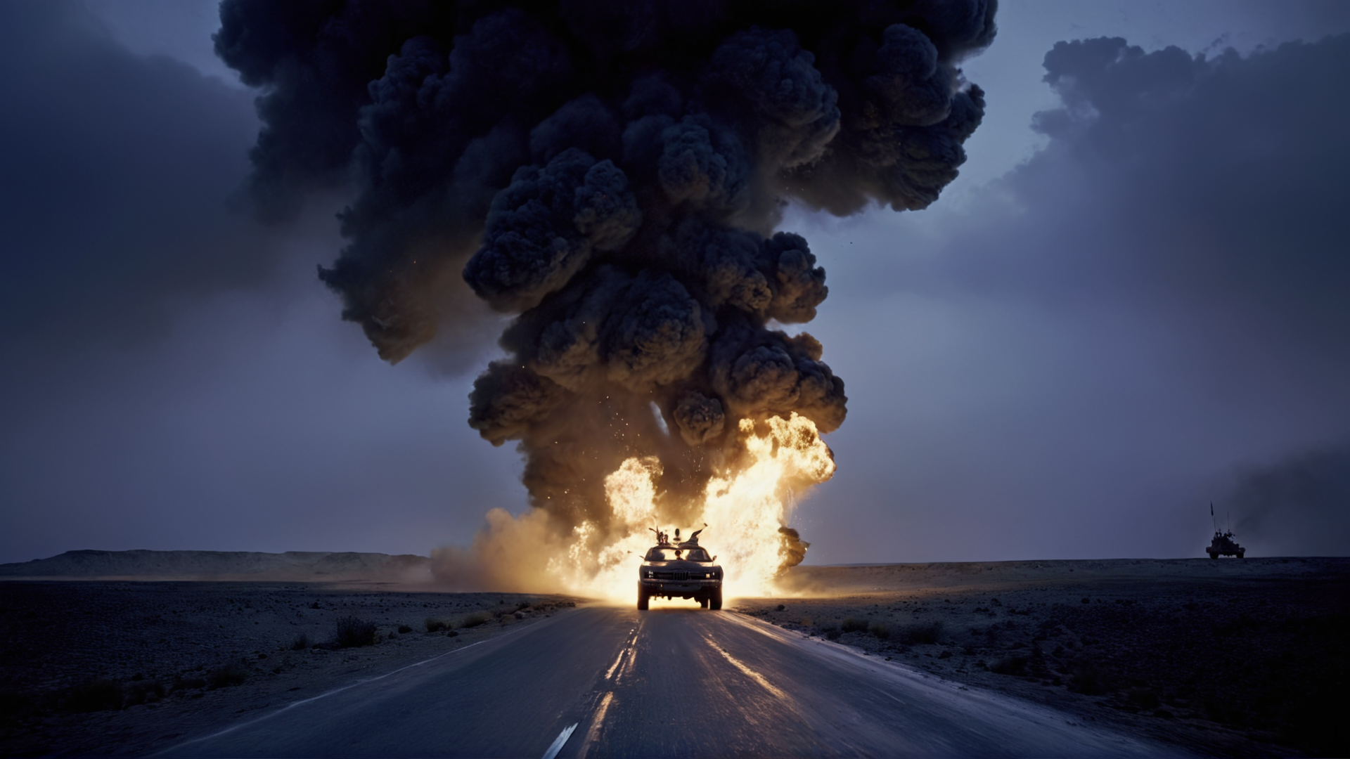 cinematic film still of <lora:add-detail-xl:0.1>1
<lora:detailed:0.2>
<lora:perfection style:0.2>
<lora:eyetune:0.5>
<lora:xl_more_art-full_v1:0.3>
<lora:Ron Fricke style:0.3>
 <lora:Unreal Engine style:0.2>
<lora:TeethXL:1>
 <lora:Chiaroscuro Lighting Style:0.3>
 <lora:Mad Max Fury Road style:1>
In a dystopian world - The collapse of society a car is driving down a dark road at blue night with a lot of fire explosion smoke,outdoors,sky,military,no humans,night,ocean,fire,ground vehicle,scenery,motor vehicle,smoke,military vehicle,watercraft,vehicle focus,ship , action movie themed, sharp, detailed, epic cinematic photography, artistic, dramatic light, cinematic color style, Kodak film style, Mad Max Fury Road style, shallow depth of field, vignette, highly detailed, high budget, bokeh, cinemascope, moody, epic, gorgeous, film grain, grainy