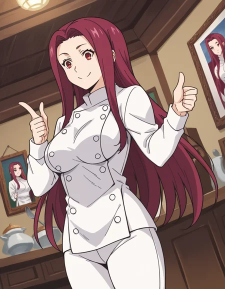 score_9, score_8_up, score_7_up, source_anime, <lora:ryouko-sakaki-s1-ponyxl-lora-nochekaiser:1>, ryouko sakaki, long hair, red eyes, red hair, forehead, large breasts,, chef, pants, white pants,, museum, art exhibit, paintings, observing, quiet contemplation, cultural experience, smile, , hand showing a thumbs up, solo,, cowboy shot, dutch angle