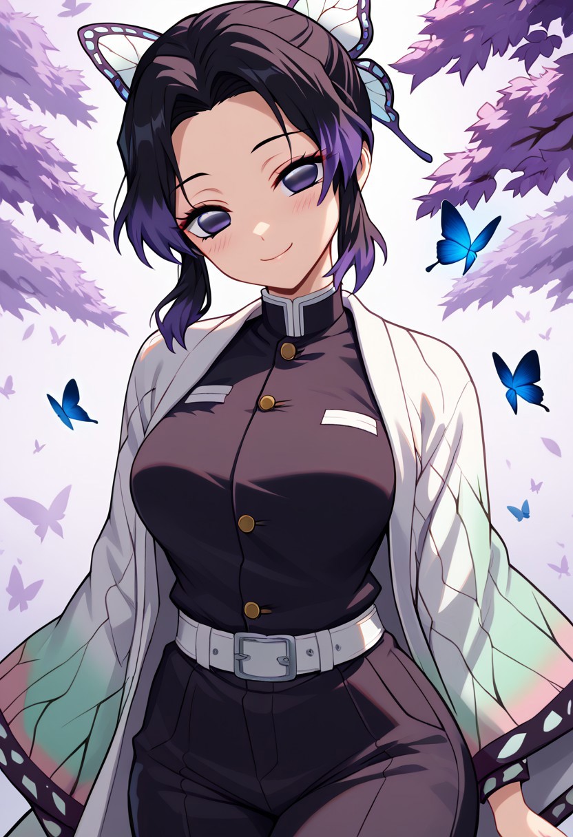 score_9, score_8_up, score_8, big breasts, (curvy), cute, eyelashes,     
patShinobu, shinobu kochou, animal print, black hair, butterfly, butterfly hair ornament, butterfly print, forehead, gradient hair, hair ornament, haori, multicolored hair, parted bangs, purple hair, short hair, two-tone hair, belt, black pants, butterfly print, coat, demon slayer uniform, haori, japanese clothes,
zPDXL,
smile, looking at viewer, head tilt, blush, ,
