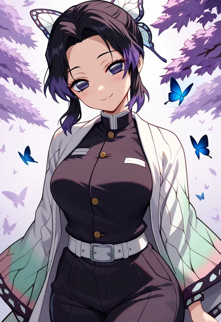 score_9, score_8_up, score_8, big breasts, (curvy), cute, eyelashes,
patShinobu, shinobu kochou, animal print, black hair, butterfly, butterfly hair ornament, butterfly print, forehead, gradient hair, hair ornament, haori, multicolored hair, parted bangs, purple hair, short hair, two-tone hair, belt, black pants, butterfly print, coat, demon slayer uniform, haori, japanese clothes,
zPDXL,
smile, looking at viewer, head tilt, blush, ,