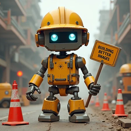 Robot in a hard hat, construction cones, "Building Better Images, Please Stand By" sign, construction site, tools and equipment, determined expression, robotic workers, under construction banner
