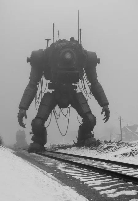 monochrome, photo, old photo,blurry, low quality, old photo defects, world war 1, steam punk technology, automatons, battlefield, destroyed city,rubble, collapsed buildings, snow, winter, fires, artillery, Thick fog, strange shaped robots moving in the distance,large robots, large automatons marching along, antenna, wires, consistent design,looking at viewer, scary, damaged robots, trench warfare, no mans land, large robots,(( art style of simon stalenhag))
