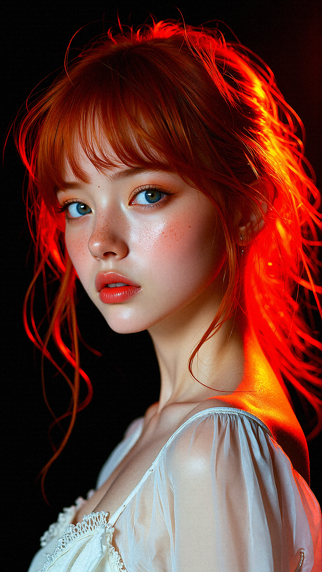 A cinematic 3/4 portrait of a young woman with radiant, tousled auburn hair glowing under an intense red-orange backlight. Her strikingly pale complexion is freckled, and her soft yet confident expression adds depth to her personality. The background fades into darkness, emphasizing the warmth of the light reflecting off her hair and softly grazing her white, lacy attire. Fine details like individual strands of hair, faint beads of moisture on her skin, and the texture of her fabric are rendered with lifelike precision, creating an immersive, dramatic atmosphere.







































