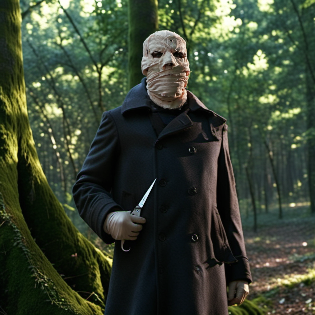 Timescrimes1024, a man head with bandages with a coat holding scissors, full body, in forest, detailed eyes, highly detailed, photography, ultra sharp, film, bokeh, professional, 4k  <lora:add-detail-xl:1.5>   <lora:Timescrimes1024:0.8>