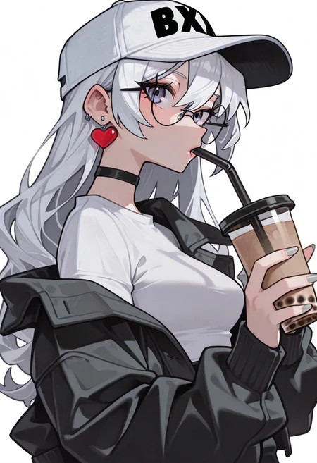 masterpiece, best quality, newest, absurdres, highres, very awa, anime screencap, film grain, painting \(medium\), ambient occlusion, depth of field, simple background, bXVrd, 1girl, solo, baseball cap, hat, drinking straw, long hair, grey nails, earrings, jewelry, bubble tea, looking at viewer, disposable cup, cup, white headwear, glasses, simple background, holding, white shirt, white hair, shirt, holding cup, white background, jacket, round eyewear, upper body, heart earrings, heart, off shoulder, drinking straw in mouth, long sleeves, black jacket, grey eyes, hair between eyes, drinking, nail polish, from side, white nails, parted lips, open clothes, looking to the side, drink, open jacket