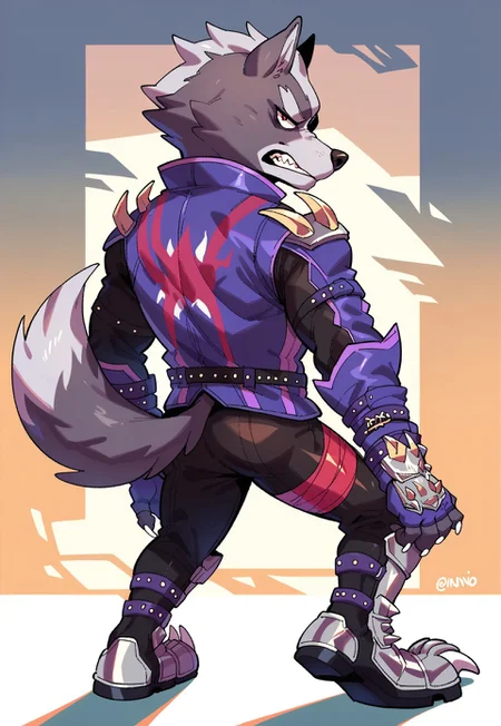 score_9, score_8_up, score_7_up, score_6_up, score_5_up, score_4_up, source_furry, hi res, abstract background, from behind, back view, dynamic angle, solo, standing, Wolf O'Donnell, Red Eye, Right Eyepatch, Purple Sleeveless Jacket, Black Bodysuit, Purple Fingerless Gloves, Metal Boots, looking at viewer, clenched teeth, anthro, male, white claws