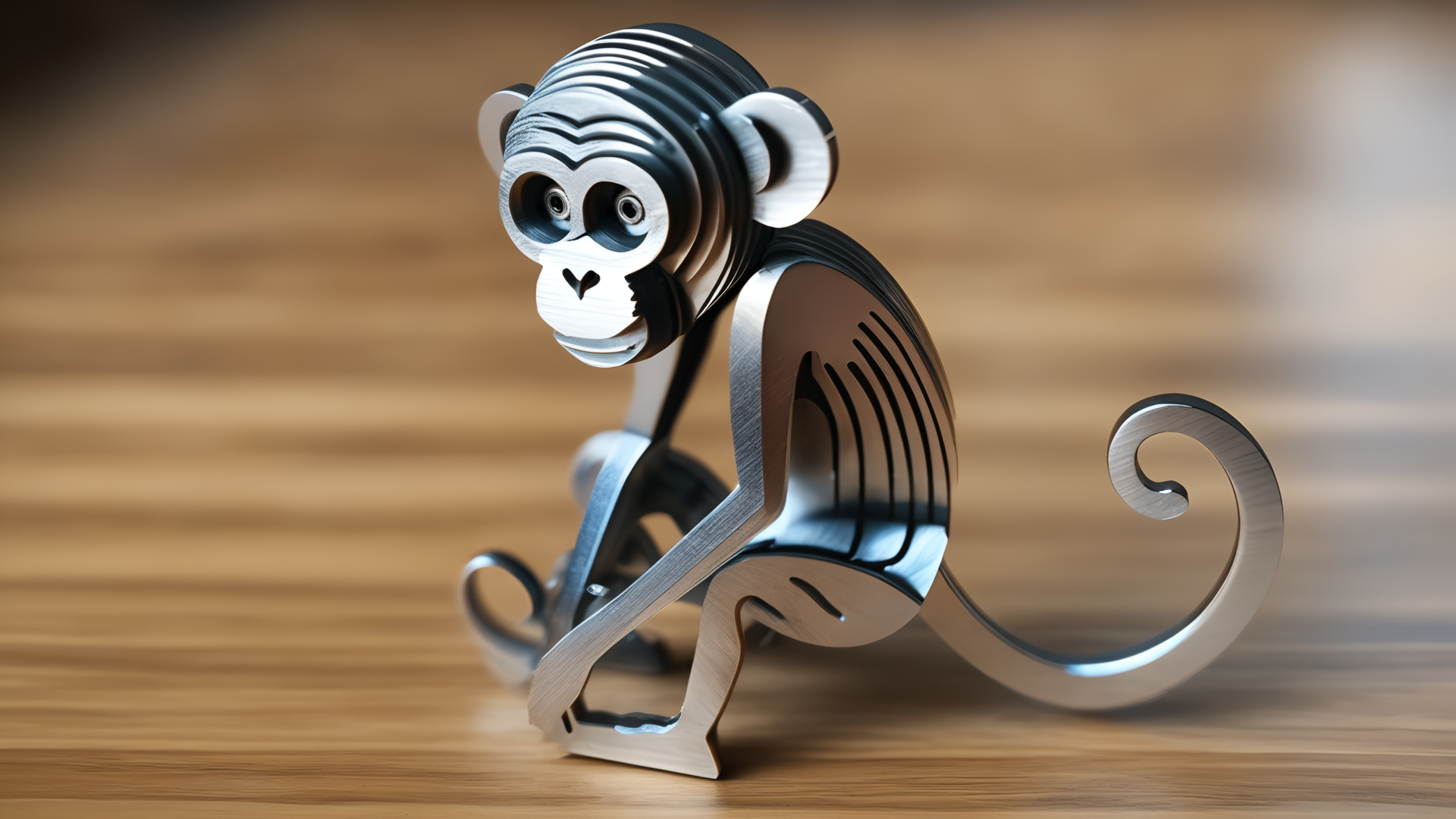 <lora:splicingtoycd_xl-000012:0.8>,a plane style steel monkey made of splicingtoycd_xl on wooden desktop,three-dimensional puzzle,simple-structured,detailed,hi-res photo,chinese zodiac,no humans,silver theme,close-up,indoors,living room,simple background, emotional,harmonious,high budget,moody,epic,gorgeous,perfect lighting,realistic,photorealistic,photographic,photo (medium),real,moody lighting,volumetric lighting,reality ray tracing,8K,HDR,UHD,masterpiece,best quality,highly detailed,high resolution,finely detail,extremely detailed,ultra detailed,wallpaper