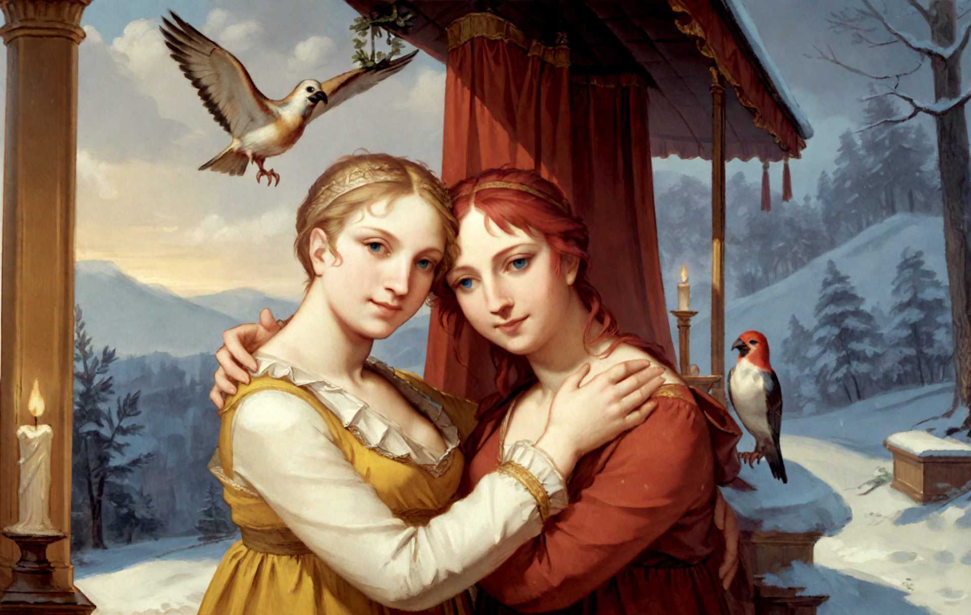 <lora:pierre-paul-prudhon_pony_v1:1>  ' allegory ' by prud'hon pierre-paul in 1786, sketch and study \(genre\),allegorical painting \(genre\), (upper body shot , birdâs eye view) of two lovers embracing, detailed face, detailed hands, detailed eyes, located in a romantic scene at a scenic gazebo during evening with snowy weather, illuminated by candlelight, creating a dreamy atmosphere, score_9, score_6_up, score_7_up