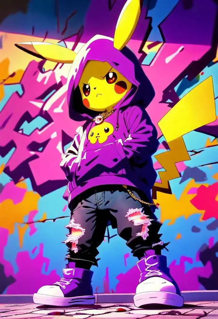 VINT STYLE, 1girl, purple long hair, solo, looking at viewer, full body, low angle shot, forced perspective, 90's anime style, pokeball necklace, pikachu hoodie, black ripped jeans, knee high boots, graffiti, hands in pockets,
