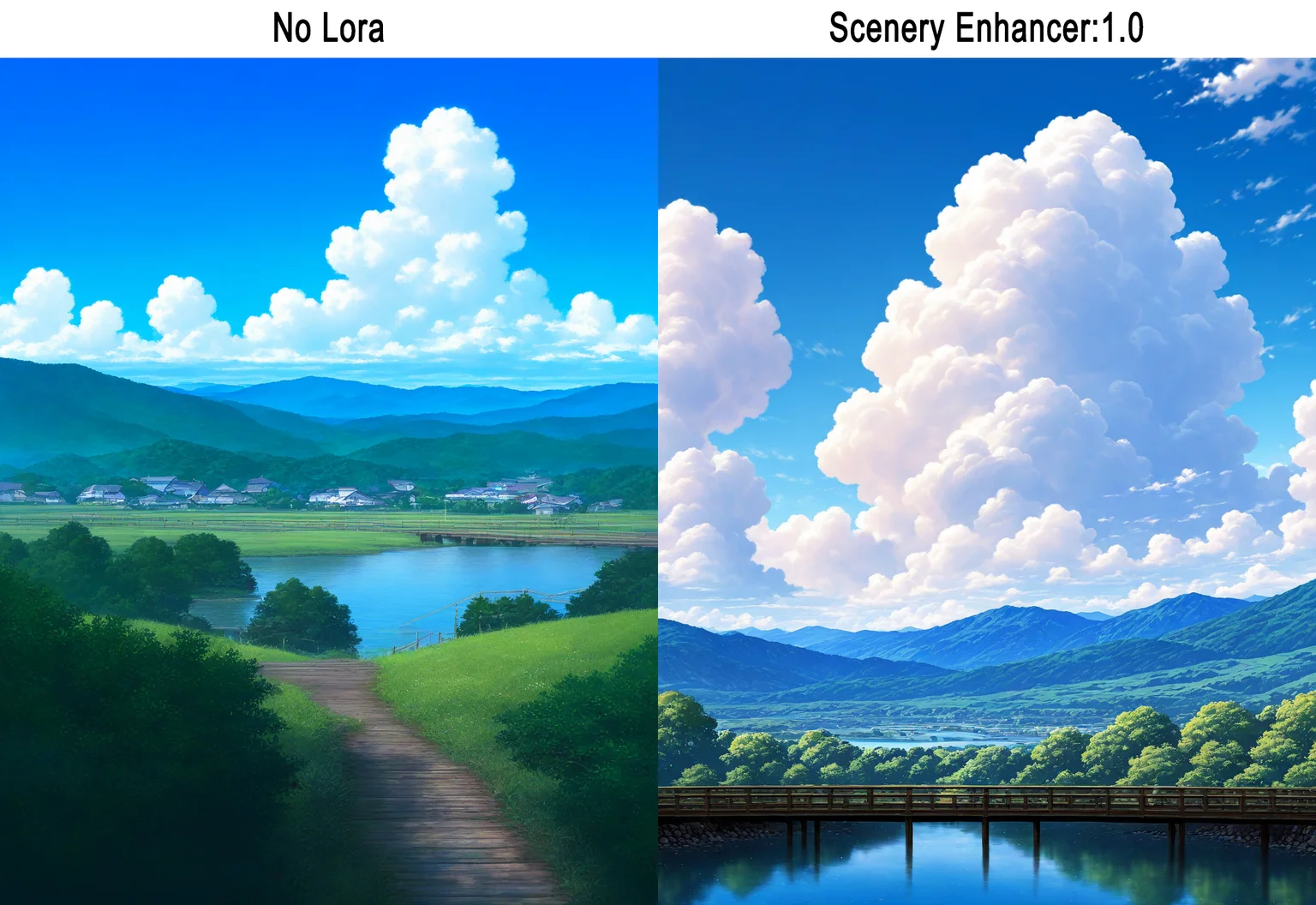 artist:, masterpiece, best quality, newest, very awa, absurdres, highres, old buildings, scnr, fast moving river, wooden bridge, hills, blue sky, daytime, clouds, detailed