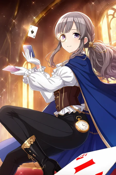 <lora:YukokuKiriko:0.8>, Yukoku Kiriko, 1girl, solo, pants, gloves, frilled sleeves, boots, monocle, white gloves, looking at viewer, shirt, cape, long sleeves, high heels, white shirt, black pants, black footwear, frills, sparkle, holding, gold trim, pocket watch, smile, high heel boots, foot out of frame, card, gold chain, blue cape, indoors, corset, puffy sleeves, hair ornament, glint, low ponytail, from side, compass, jewelry