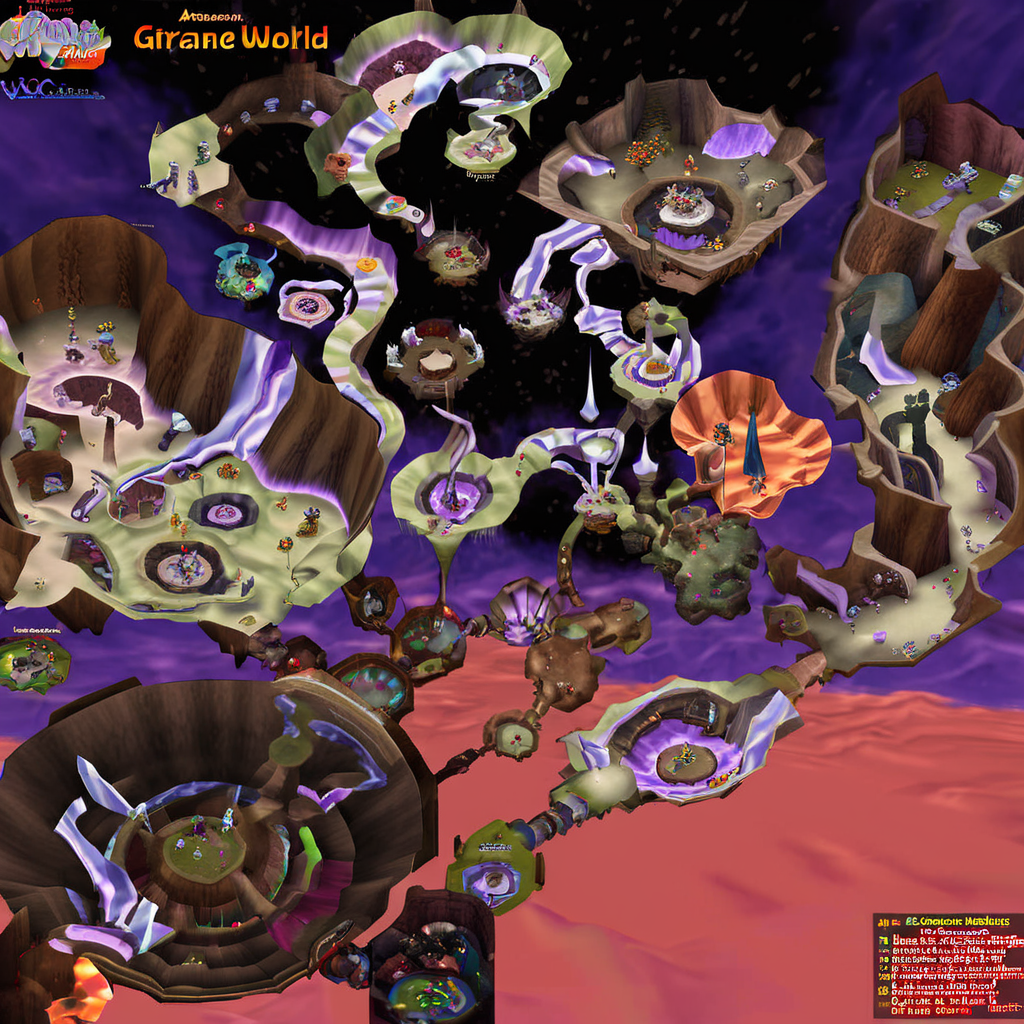 After an arcane cataclysm, the corporeal world has destabilized into an ethereal plane of fractured reality. The level is an ever-shifting realm of floating landmasses, suspended architecture, and arcane spatial distortions that players traverse. Gravitational forces shift and warp as structures and terrain dynamically tear apart and reform. Hazards include arcane anomalies that twist matter and space, rifts that can banish players to other planes, and belligerent extra-dimensional entities bleeding through into this unstable realm. Scattered anchored zones provide temporary stability amidst the flux, videogame cartography <lora:VGMCARTOGRAPHY_v0.0.3:1>
