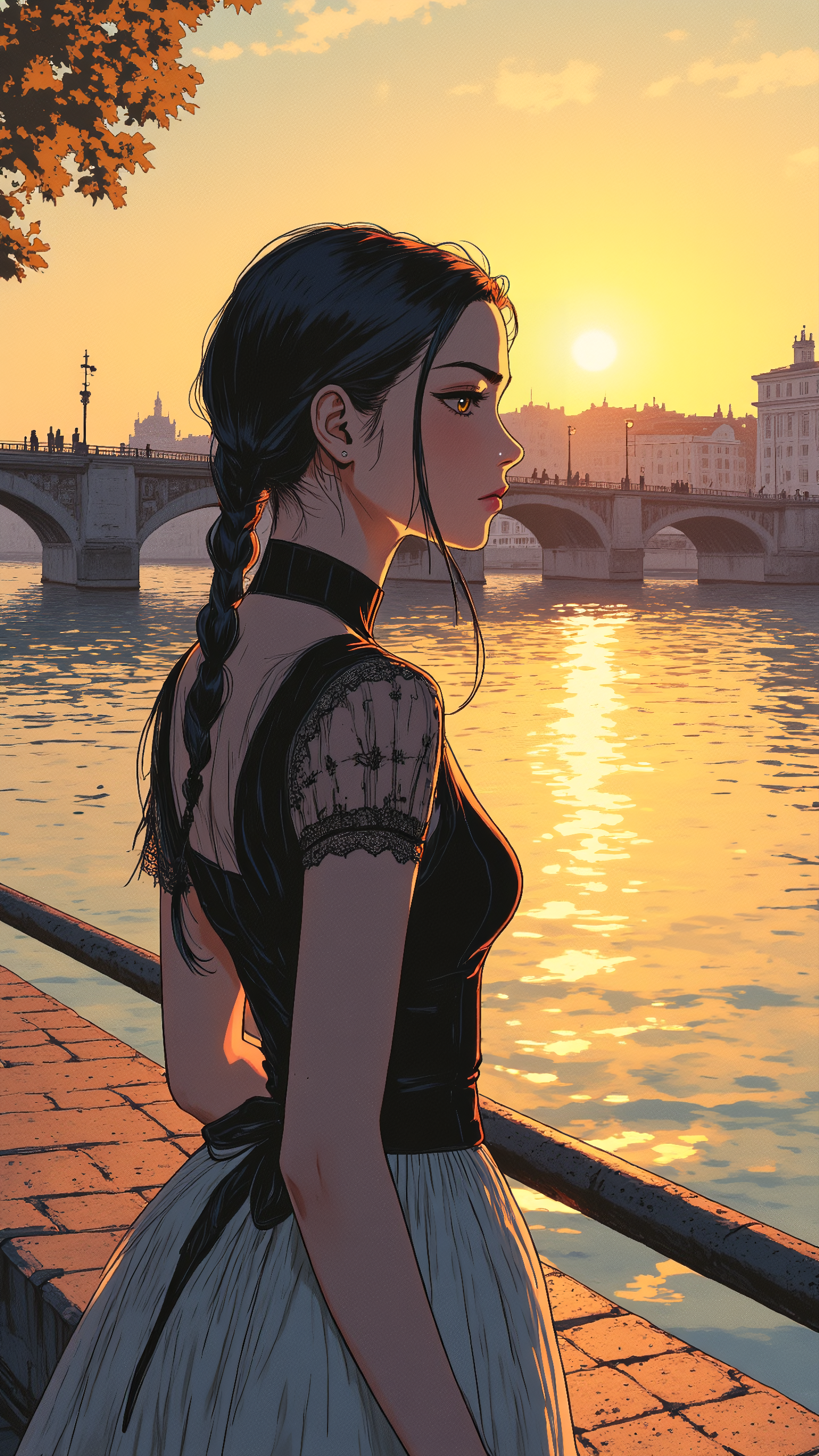 Niji_anime, High-resolution anime-style illustration with impressionistic influences, upper body shot of a young woman standing on a quiet riverside promenade, golden sunlight reflecting off the gentle waves. She wears a refined black-and-white dress with delicate lace details, high collar, and a cinched waist, its elegant fabric swaying lightly in the breeze. Her long, dark hair is intricately braided, a few loose strands catching the warm glow of the setting sun. Her amber eyes gaze thoughtfully at an old stone bridge in the distance, where the silhouettes of cyclists and pedestrians pass under the evening sky. Soft painterly brushstrokes blend warm earth tones with delicate pastels, evoking a serene and nostalgic atmosphere <lora:Comic_Style_-_FLUX:0.6> <lora:Niji_anime_style_flux:0.8>