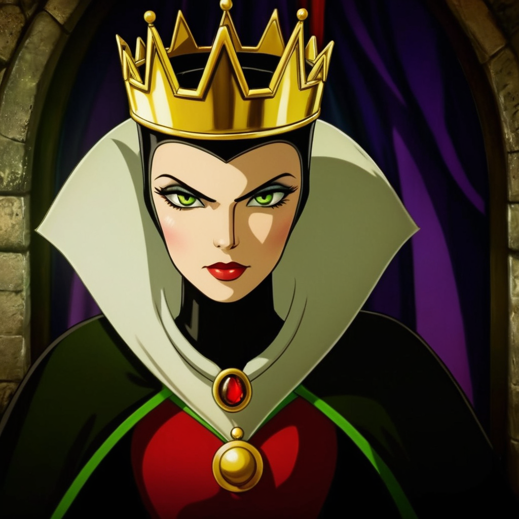 anime artwork of  <lora:Evil Queen v3:1> sharp detailed cinematic film look of 
Evil Queen a high angle from above view of a cartoon of a woman dressed as evil queen with red lips and green eyes staring at camera in a dark room in a castle 1500s  15th century, anime style, key visual, vibrant, studio anime,  highly detailed