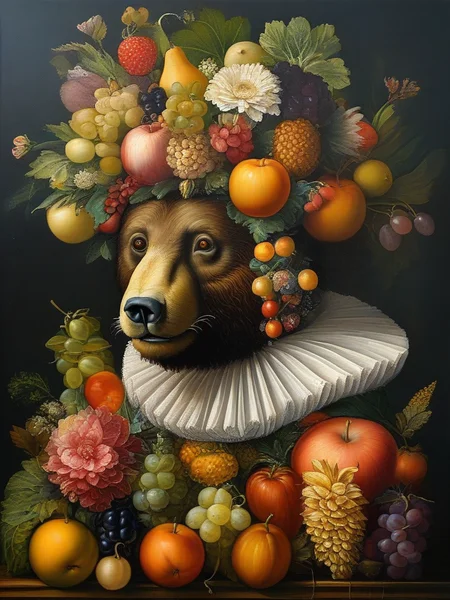 masterpiece,best quality,oil painting,illustration,(((bear))),style of Giuseppe Arcimboldo,fruits,vegetables,flowers,fish and books,<lora:tbh108-sdxl:0.8>,