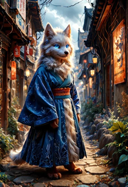 score_9, score_8_up, score_7_up, score_6_up, Realistic, highres, sharp background, super high resolution, 8k, photo, anthro, detailed fur, high res, detailed background, detailed face, detailed mouth, beautiful detailed blue eyes, glowing neon eyes, ((tall furry)), looking at the viewer, skinny, small breasts, (full body whole), ral-fluff, full-length, sly smile, fluffy collar, ((tall girl)), shy expression, blue purple spots on body, neon fur, japanese city, sakura, white fur, white fox, katana, ((big dressed in furs kimono)), katana sword in hands, lightning, stormy weather, sword swing