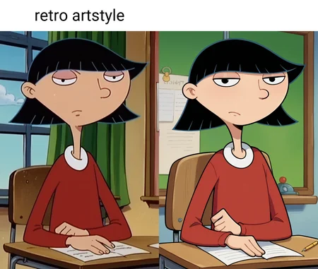 score_9_up,score_8_up,score_7_up,score_6_up,score_5_up,score_4_up BREAK rhonda,1girl,solo,retro artstyle,black hair, black eyes, bob cut, blunt bangs,upper body,red sweater, upper body,desk,classroom, indoors, sitting,serious, looking at viewer,flat chest, chair <lora:RhondaPony:1>