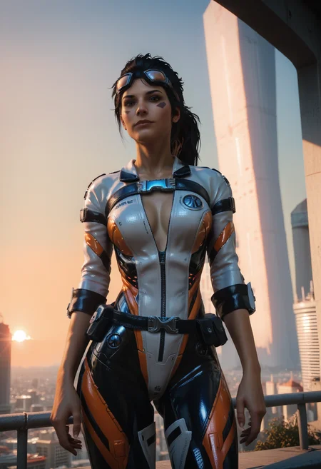 score_9, score_8_up, score_7_up, photo, realistic,
1girl, solo, black hair, ponytail,
d4rkc0urs3r, power suit, chest harness, utility belt,  goggles,
outdoors, sunset, cityscape,
sexy pose, looking at viewer,
portrait, from below,
<lora:Dark_Courser_Pony_v1.0:0.7>