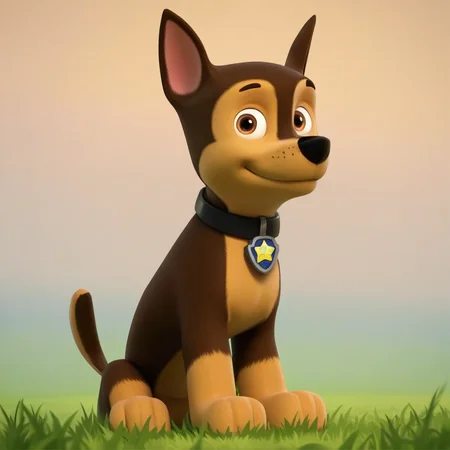 score_9, score_8_up, score_7_up, score_6_up, source_cartoon, Chase(PP), solo, 1boy, feral, German shepherd, dog, brown and tan fur, brown eyes, black nose, thin tail, black collar, star (symbol) tag, full body, looking at viewer, sitting, smile, sunny, grass field background,