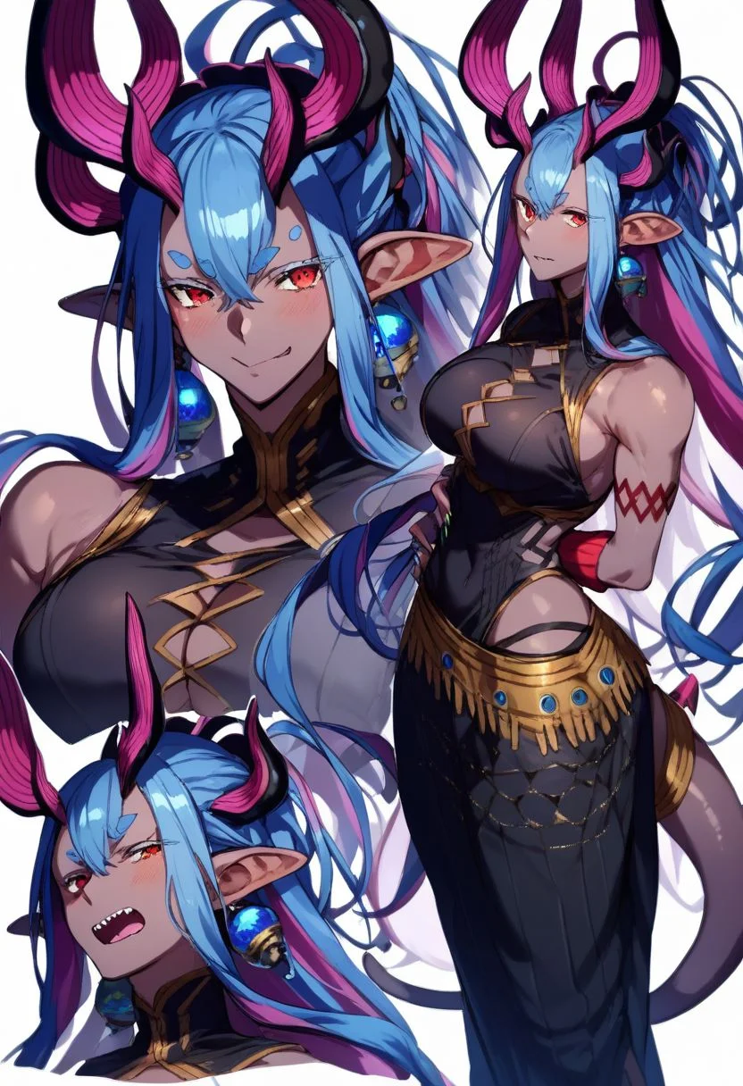 ibuki_douji_(fate), horns, dark-skinned female, style:koyorin
score_9, score_8_up, score_7_up, score_6_up, score_5_up, score_4_up, source_anime, 1girl, multicolored hair, tail, arched back
conceptart, multiple views, white background,simple background