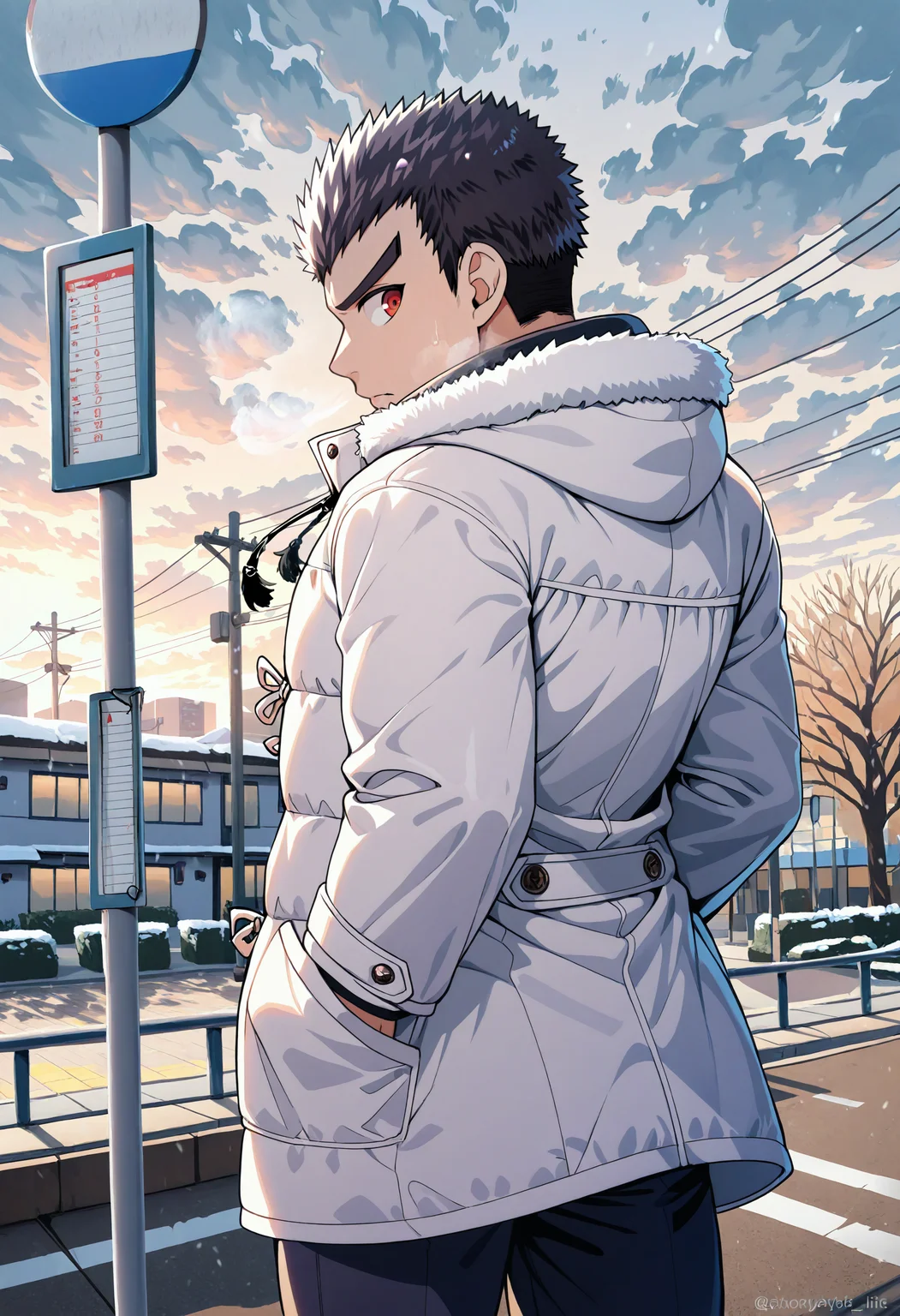 artist:, masterpiece, best quality, newest, absurdres, highres, very awa, 1boy, male, male focus, bara, ishimaru kiyotaka, standing at a bus stop, waiting, hands in pockets, casual winter coat, cloudy sky, soft ambient light, wind blowing gently, from behind, looking back, quiet urban street, everyday life, slice of life