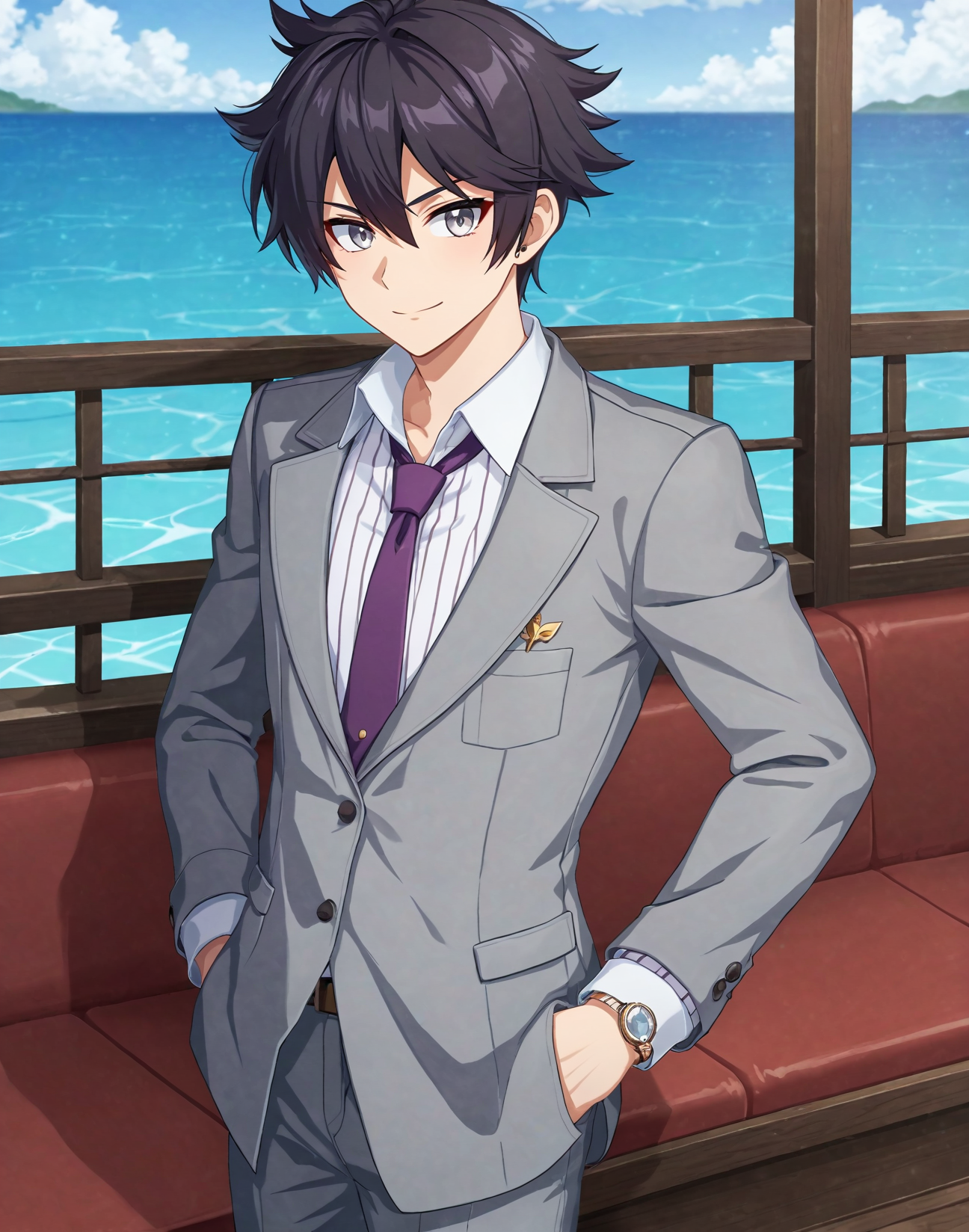 score_9, score_8_up, source_anime, original style, BREAK, rating_safe, <lora:ercnard_sieghart_pony:0.8>, straight-on, ercnard_sieghart_pony, black hair, gray eyes, short hair, hair between eyes, bangs, dress pants, collared shirt, vertical-striped shirt, purple necktie, small hat, watch, hand in pocket, grey jacket, boat,  <lora:xl_more_art-full_v1:0.3> <lora:Lightning-8:1>