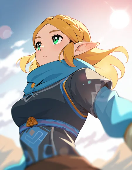 masterpiece, best quality, good quality, newest, the legend of zelda breathe of the wild, breathe of the wild, Zelda, very aesthetic, backlighting, lens flare, (solo focus:1.2), depth of field, cinematic, 1girl, solo