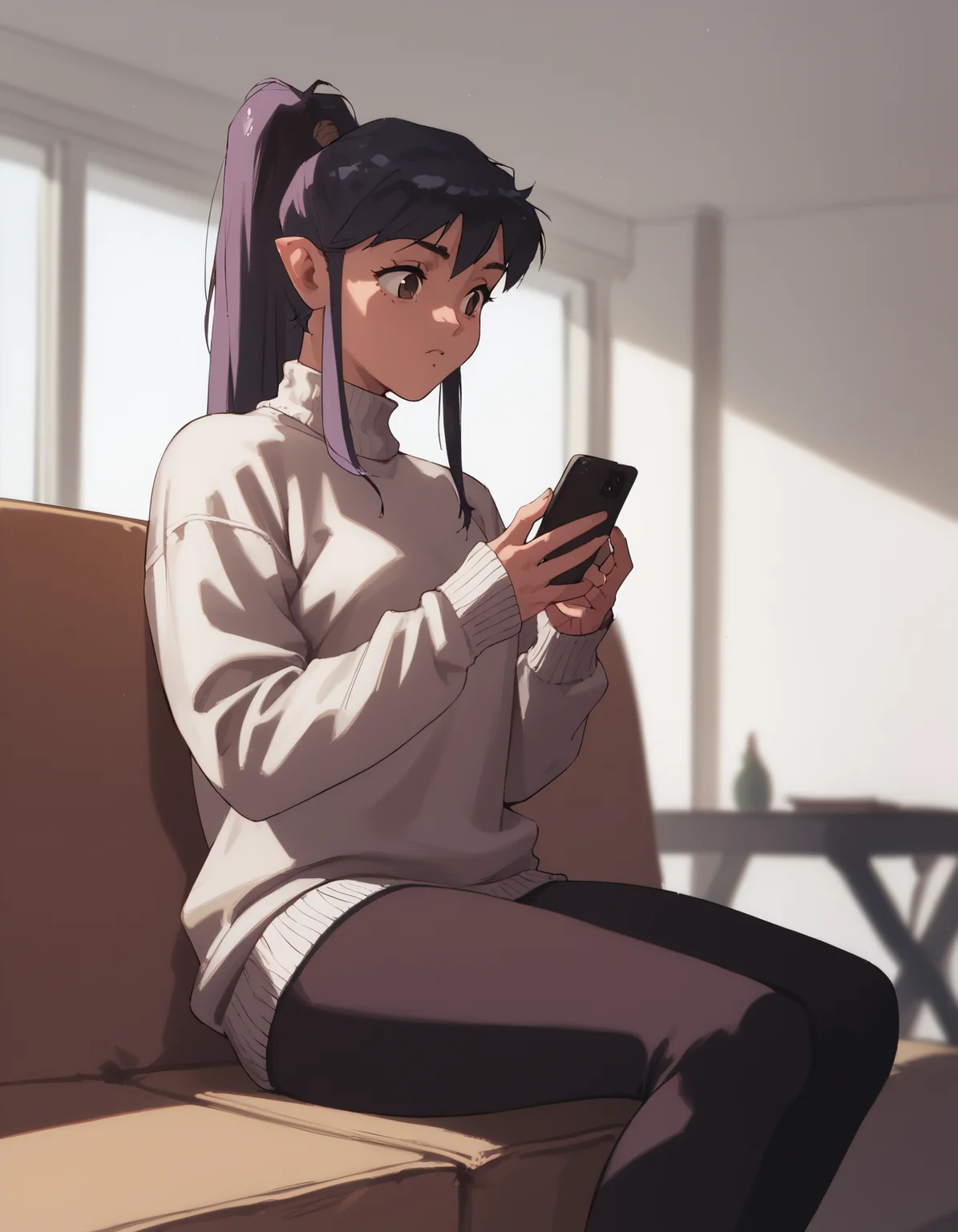 score_9, score_8_up, score_7_up <lora:pierce-ponyxl-000048:1> pircdrg, sweater, leggings,
1girl, upper body, indoors, sitting, smartphone