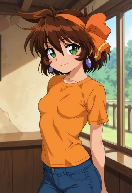 masterpiece, best quality, amazing quality, absurdres, 1girl, solo, cowboy shot, merrillww, green eyes, brown hair, short hair, orange hair ribbon, orange hairband, earrings, small breasts, t-shirt, jeans, looking at viewer, smile, indoors, day, skindentation, detailed clothing folds, depth of field, sharp, high contrast, dynamic light <lora:Merrill_Mahou_Senshi_Louie_ill_v12:0.9>
