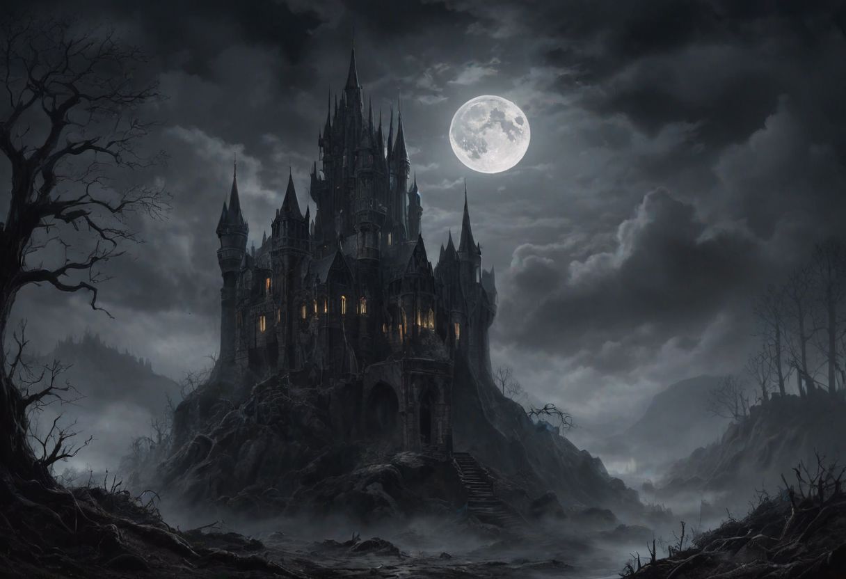 masterpiece of high-contrast shadow and light, a gothic castle sitting on edge of a forbidden mystical forest, moonlight, (fog and moonbeams:1.2), (pure black:1.3), and (darkness:1.3), mysticism, fantasy, gothic horror, glowing flora, magical phenomena, ultra realistic painting, intricate, High Detail, Sharp focus, realism, darkness.