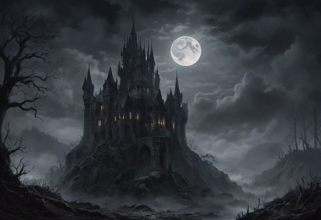 masterpiece of high-contrast shadow and light, a gothic castle sitting on edge of a forbidden mystical forest, moonlight, (fog and moonbeams:1.2), (pure black:1.3), and (darkness:1.3), mysticism, fantasy, gothic horror, glowing flora, magical phenomena, ultra realistic painting, intricate, High Detail, Sharp focus, realism, darkness.