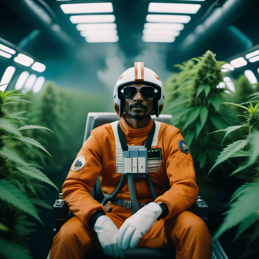 cinematic photo Snoop Dogg  wears gloves, orange and white spacesuit, helmet removed, a lot of smoke, surrounded by marijuana plants, in cockpit, in space  <lora:StarWars1024:0.8> . 35mm photograph, film, bokeh, professional, 4k, highly detailed