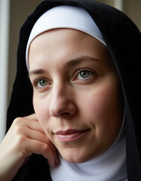 Close-up colored portrait photography of a nun, contemplative gaze, traditional black and white wimple, soft natural lighting, shallow depth of field, Leica Summilux 50mm f/1.4, ISO 200, 1/125 sec, film grain effect, capturing serene piety, subtle skin texture
