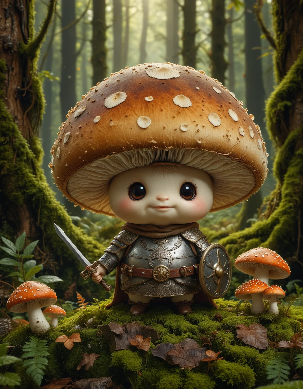 cute little mushroom warrior standing confidently in a magical forest, the warrior is a small humanoid mushroom with a round spotted cap and a cheerful expression, it is wearing tiny armor made of leaves and bark, with a small wooden shield, and a tiny glimmering sword, The mushroom warrior has tiny delicate features and stands on a patch of moss, surrounded by glowing mushrooms and plants, The background features tall ancient trees with thick twisting roots, ethereal light filtering through the canopy, whimsical and enchanting atmosphere, <lora:MJ52:0.4>, <lora:SDXLFaeTastic2400:0.3>
