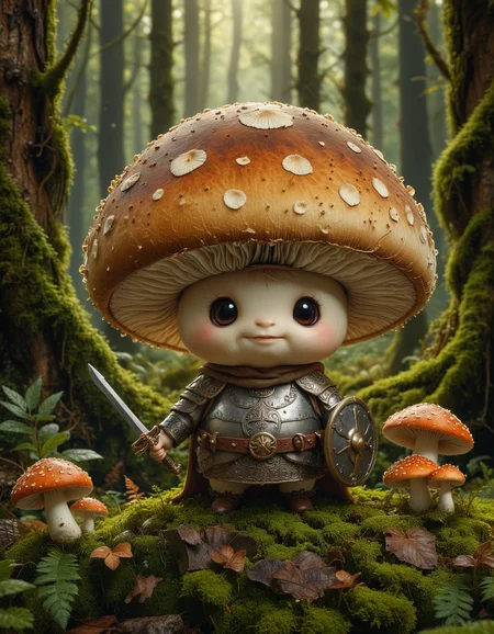 cute little mushroom warrior standing confidently in a magical forest, the warrior is a small humanoid mushroom with a round spotted cap and a cheerful expression, it is wearing tiny armor made of leaves and bark, with a small wooden shield, and a tiny glimmering sword, The mushroom warrior has tiny delicate features and stands on a patch of moss, surrounded by glowing mushrooms and plants, The background features tall ancient trees with thick twisting roots, ethereal light filtering through the canopy, whimsical and enchanting atmosphere, <lora:MJ52:0.4>, <lora:SDXLFaeTastic2400:0.3>