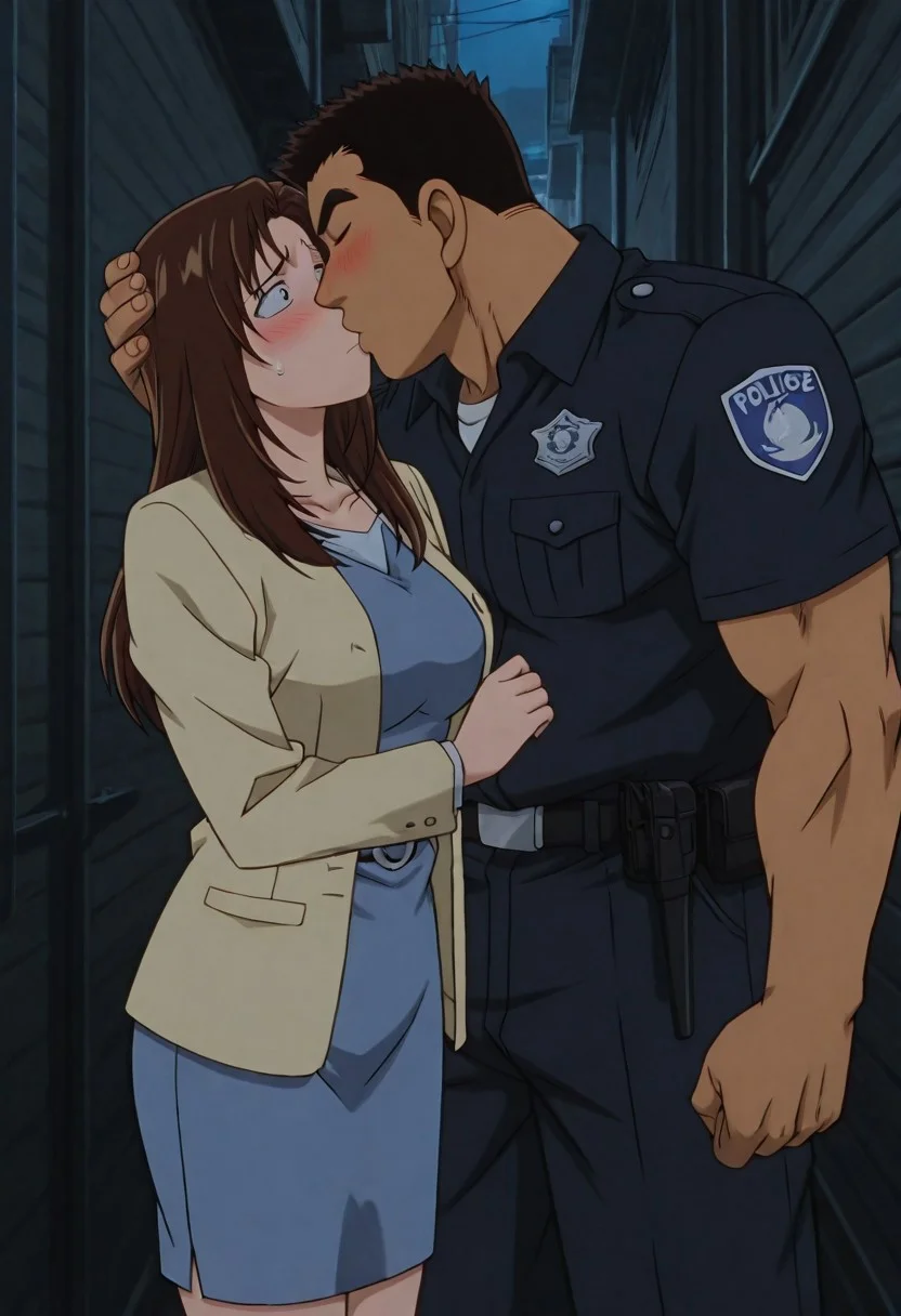 Anime, quality,high quality,masterpiece,extremely detailed,correct anatomy,best aesthetic, detailed face, (EyesHD), (duo), outdoor, narrow city alley, dark, at night, (1man, man taller male, man large pectorals, man muscular body, man crew cut, solid pupils:1.5, man black short hair, Date Wataru, man dark navy police uniform, man dark navy police shirt, dark navy pants, man blush, man kissing, man tanned skin, man hand on girl head), BREAK, (1girl, nastumi01, girl long hair, girl brown hair, girl light yellow jacket, girl blue pencil skirt, girl blue dress, girl blush, girl shy face, girl pretty face, girl slender body, girl big breasts)