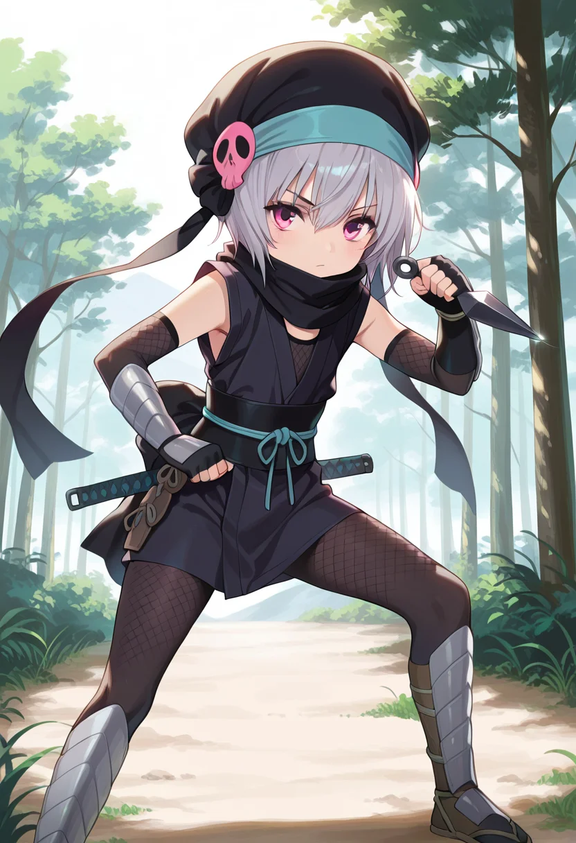 1girl, solo, short hair, grey hair, pink eyes, hat, skull, ninja, scarf, bare shoulders, fishnets, gauntlets, fingerless gloves, greaves, fighting stance, outdoors, holding kunai <lora:goemon_nobuna_illus:1>, masterpiece, best quality, amazing quality, very aesthetic, absurdres, highres, newest