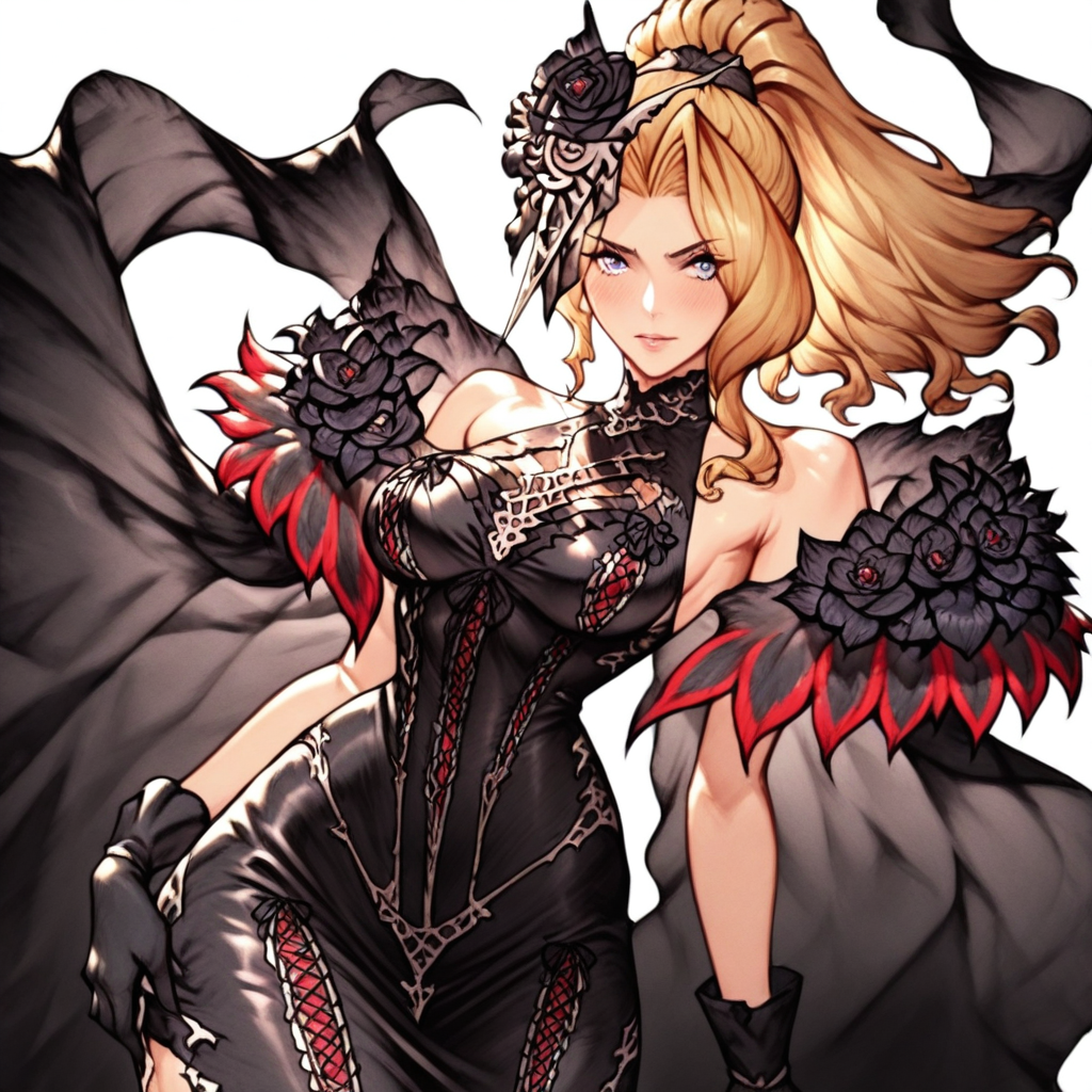 1girl, h3l3n4, mature woman, solo, blue eyes, blonde hair, wavy long hair, high ponytail, black flower headpiece,black ornate dress, frilled gothic dress , bare shoulders, gloves, tattered edges, flower cape,scarf,  red lace details, black tight skirt, garter belt, slim body, medium breast, dynamic pose, side view