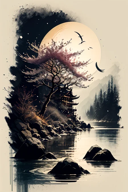 <lora:Calligraphy-ink-style-darquelilly-v1:1> calligraphyinkstyle, nightsky, moonlight, winter, volumetric lighting, starsky reflected in the water, black background, peaceful atmosphere, detail colour is blue, a winter cherry blossom tree without petals, snow on the tree, snow on the ground,snowflakes falling down