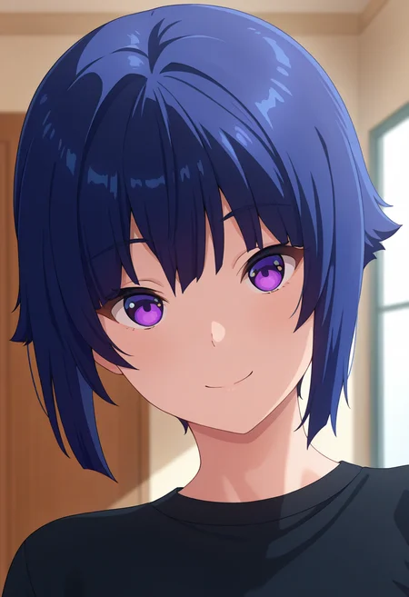 masterpiece, best quality, amazing quality, 1girl, solo, (portrait:1.2), hibikiww, purple eyes, blue hair, short hair, bangs, black shirt, looking at viewer, smile, indoors, day, skindentation, detailed clothing folds, depth of field, sharp, high contrast, dynamic light <lora:Riou_Hibiki_Bravern_ill:0.9>