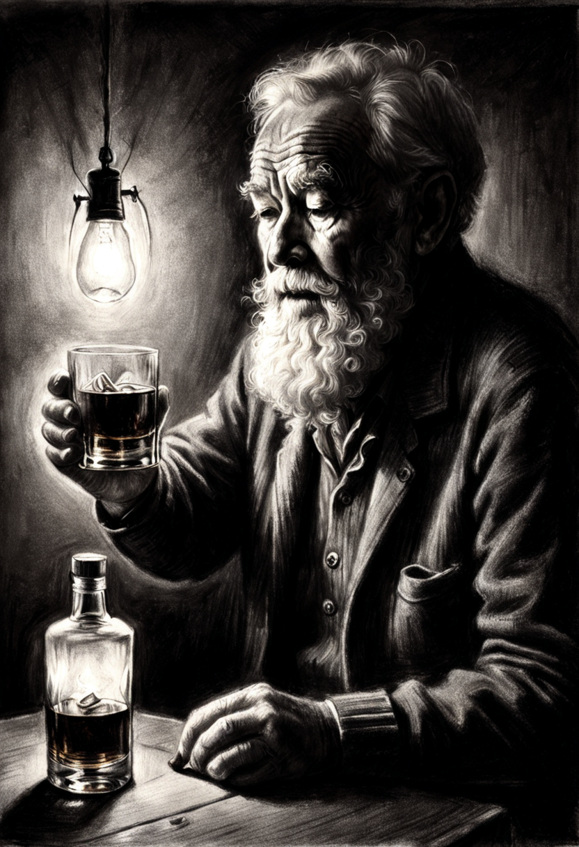 Charcoal drawing of a elderly man having a whisky under a single light,  <lora:Charcoal2.0:0.75>